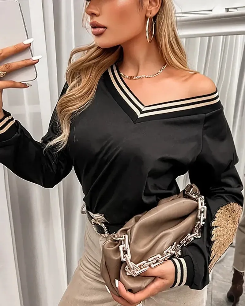 Xieyinshe - Sequin Wings Long Sleeve V-Neck Top