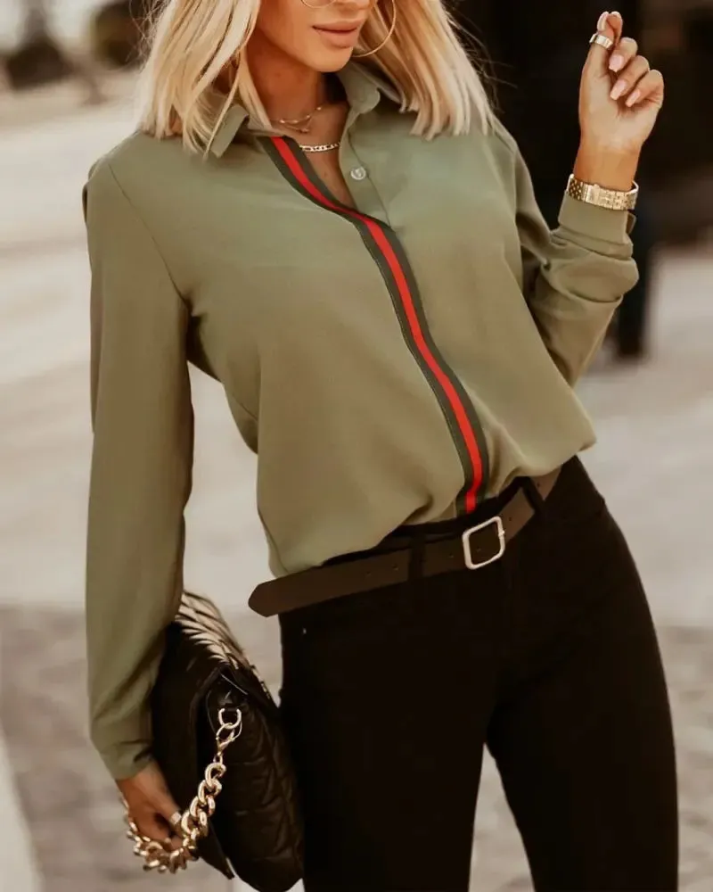 Xieyinshe - Striped Trim Long Sleeve Button Down Shirt