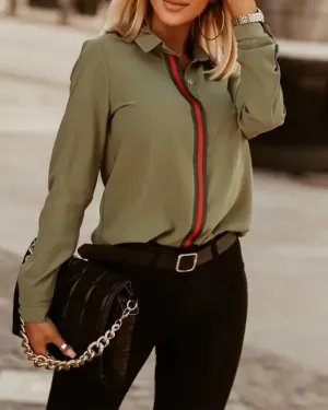 Xieyinshe - Striped Trim Long Sleeve Button Down Shirt