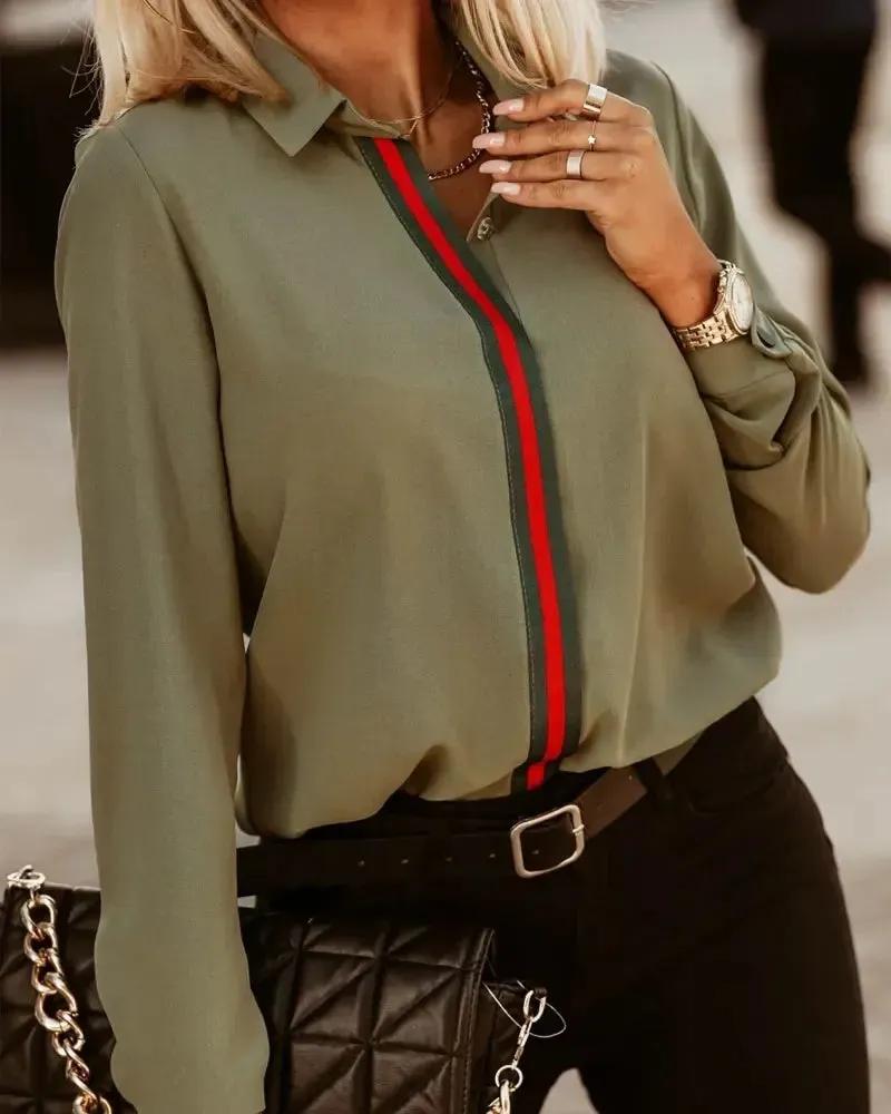 Xieyinshe - Striped Trim Long Sleeve Button Down Shirt
