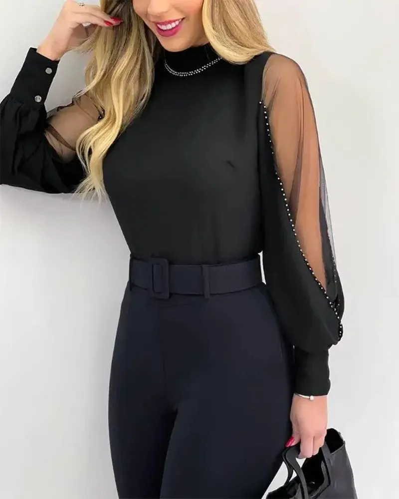 Xieyinshe - Studded Contrast Tulle Long Sleeve Top
