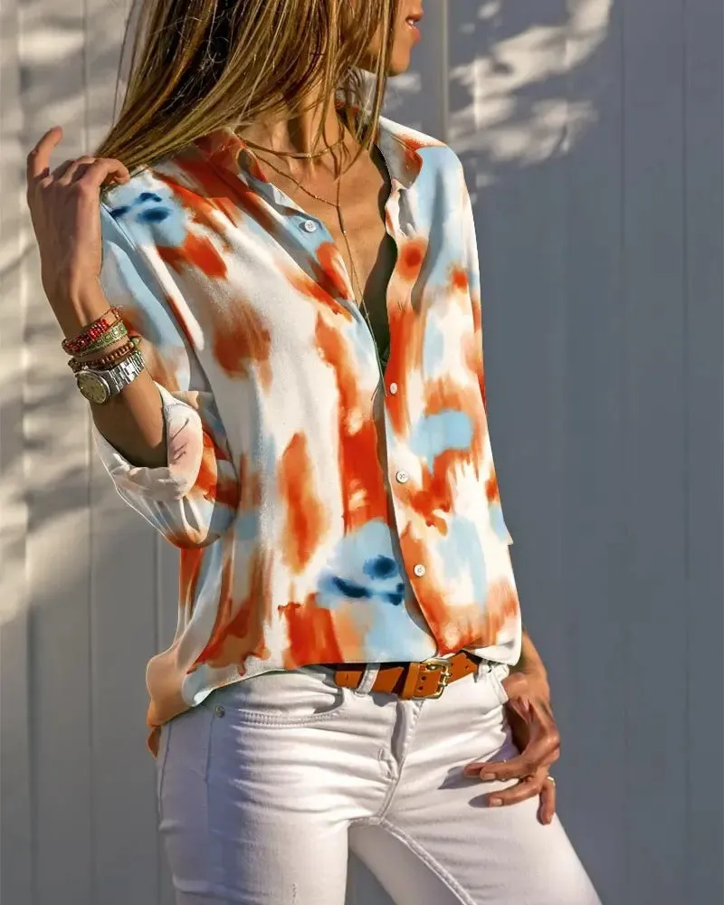 Xieyinshe - Tie-Dye Print Long Sleeve Button-Down Shirt