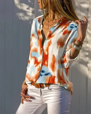 Xieyinshe - Tie-Dye Print Long Sleeve Button-Down Shirt