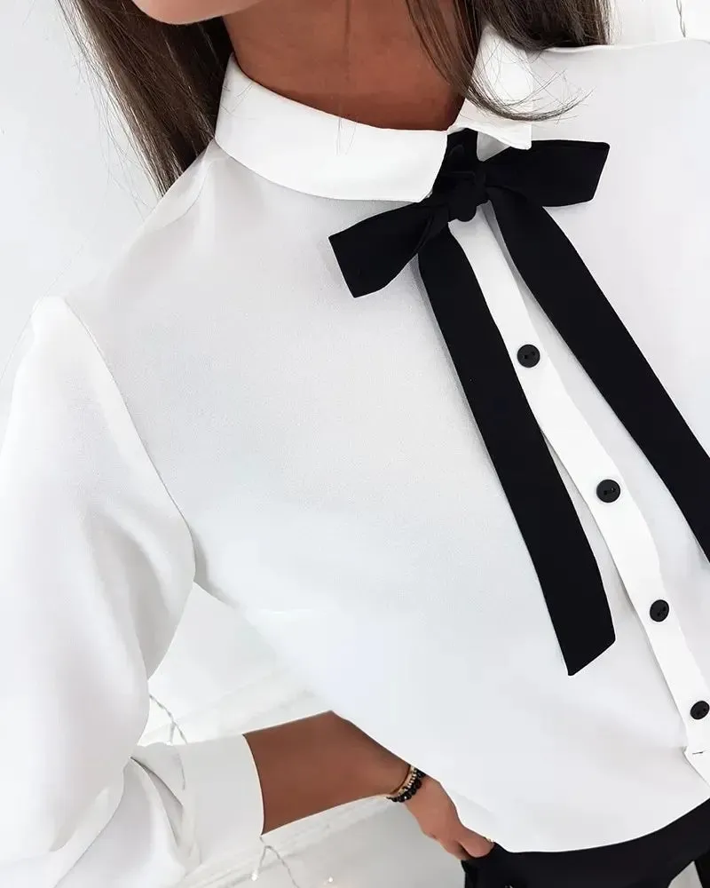 Xieyinshe - Tie-Neck Button-Down Long Sleeve Shirt