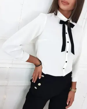Xieyinshe - Tie-Neck Button-Down Long Sleeve Shirt