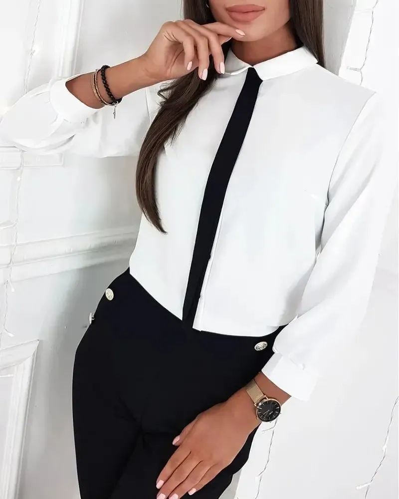 Xieyinshe - Tie-Neck Button-Down Long Sleeve Shirt