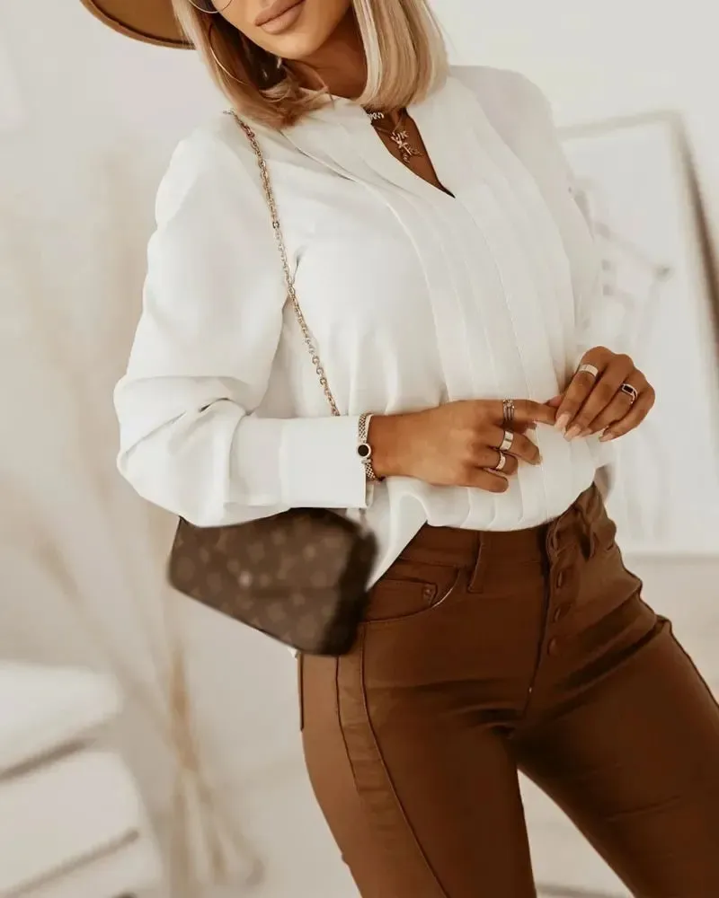 Xieyinshe - V-Cut Long Sleeve Ruched Top