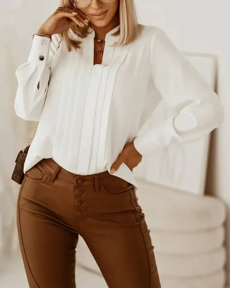 Xieyinshe - V-Cut Long Sleeve Ruched Top