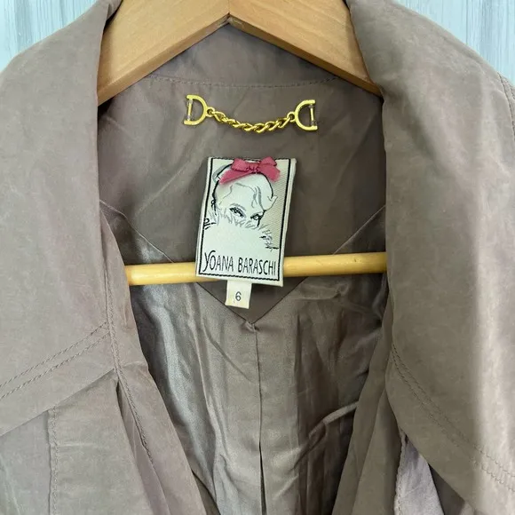 Yoana Baraschi Trench Coat Chocolate Drawstring Waist Pockets Lined Size 6