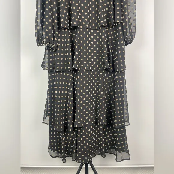 Zara Black Gold Polka Dot Tiered Ruffled Long Sleeve Chiffon Midi Dress