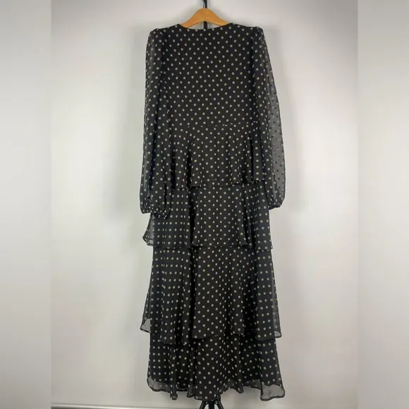Zara Black Gold Polka Dot Tiered Ruffled Long Sleeve Chiffon Midi Dress