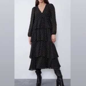 Zara Black Gold Polka Dot Tiered Ruffled Long Sleeve Chiffon Midi Dress