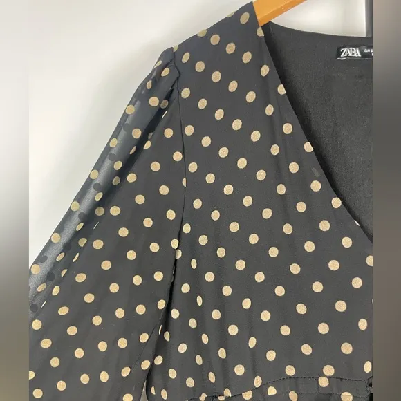 Zara Black Gold Polka Dot Tiered Ruffled Long Sleeve Chiffon Midi Dress
