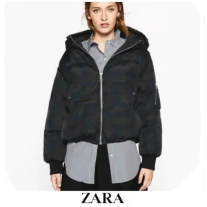ZARA Camouflage Blue Green Quilted Long Sleeves Hooded Winter Puffer Jacket Sz M