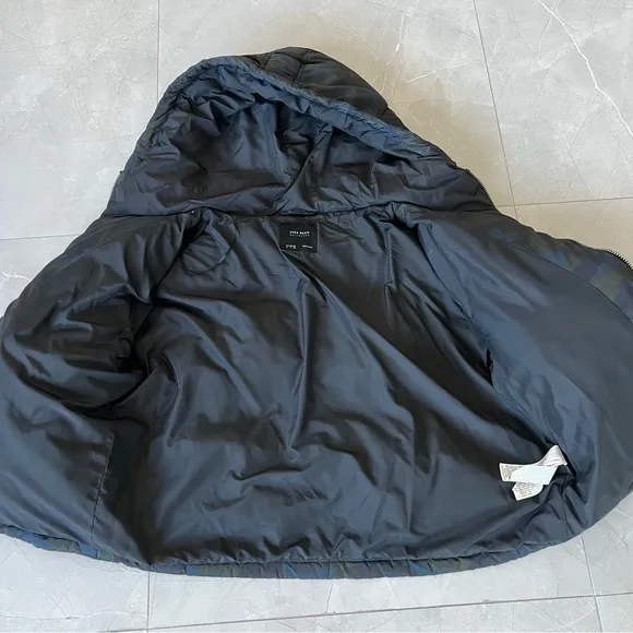 ZARA Camouflage Blue Green Quilted Long Sleeves Hooded Winter Puffer Jacket Sz M