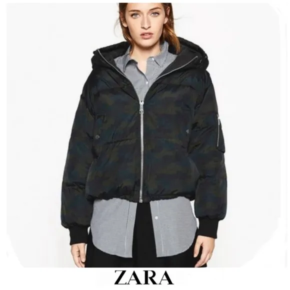 ZARA Camouflage Blue Green Quilted Long Sleeves Hooded Winter Puffer Jacket Sz M