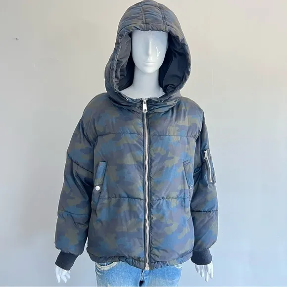 ZARA Camouflage Blue Green Quilted Long Sleeves Hooded Winter Puffer Jacket Sz M