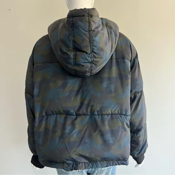 ZARA Camouflage Blue Green Quilted Long Sleeves Hooded Winter Puffer Jacket Sz M