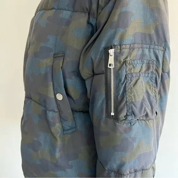 ZARA Camouflage Blue Green Quilted Long Sleeves Hooded Winter Puffer Jacket Sz M