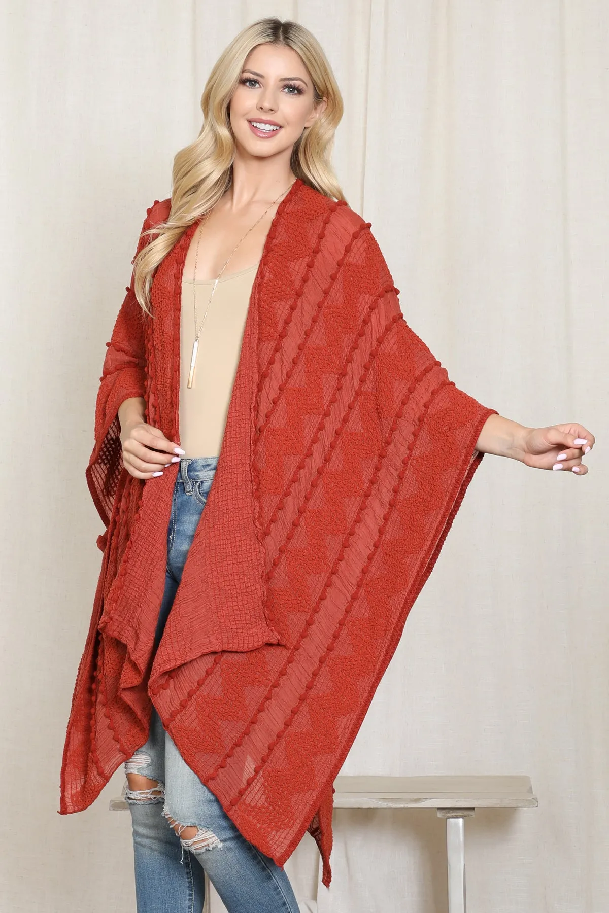 ZIG ZAG POMPOM OPEN FRONT KIMONO
